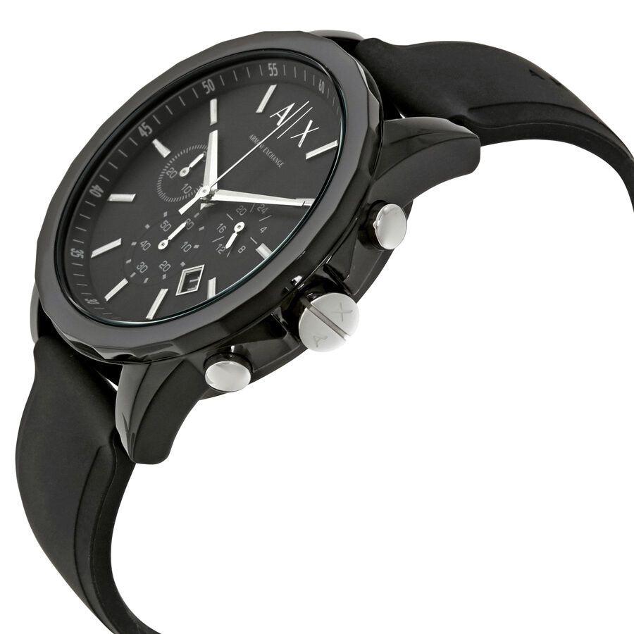 Armani Exchange AX1326 chronograph watch shown at angle with chronograph pushers and black strap