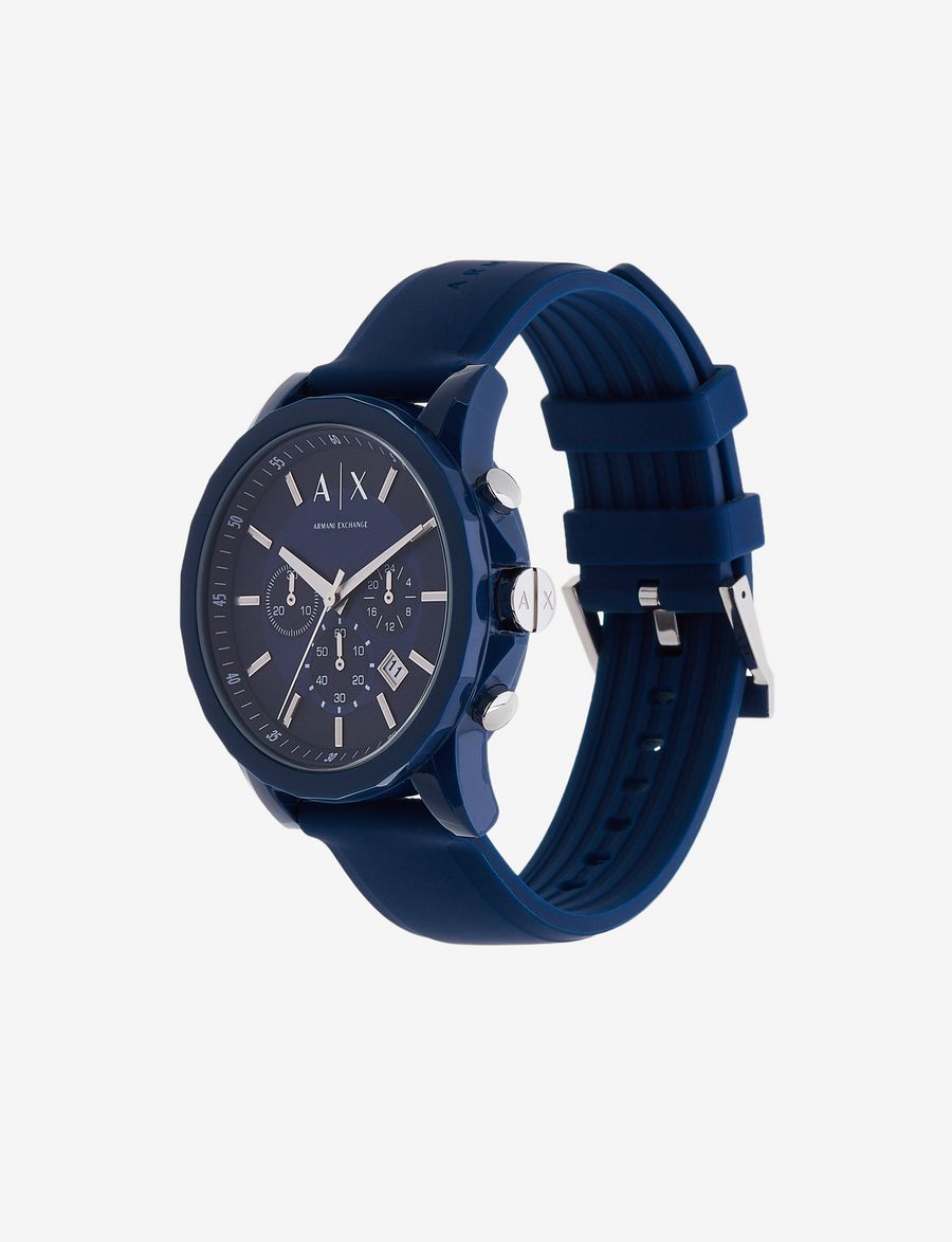 Side view of Armani Exchange AX1327 blue chronograph watch with silicone strap