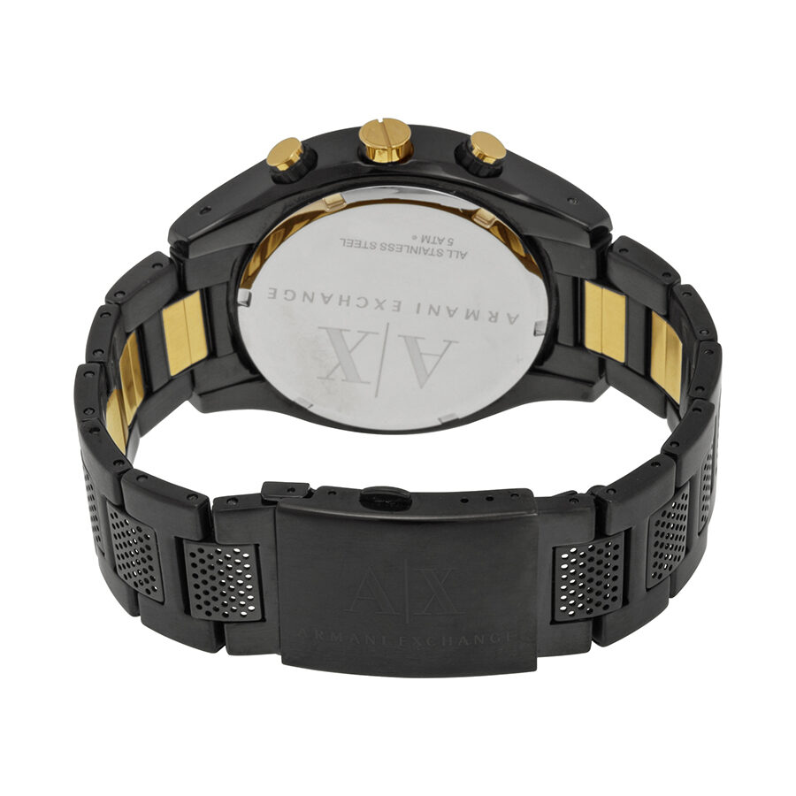 Caseback view of Armani Exchange AX1604 showing stainless steel back with AX logo and text