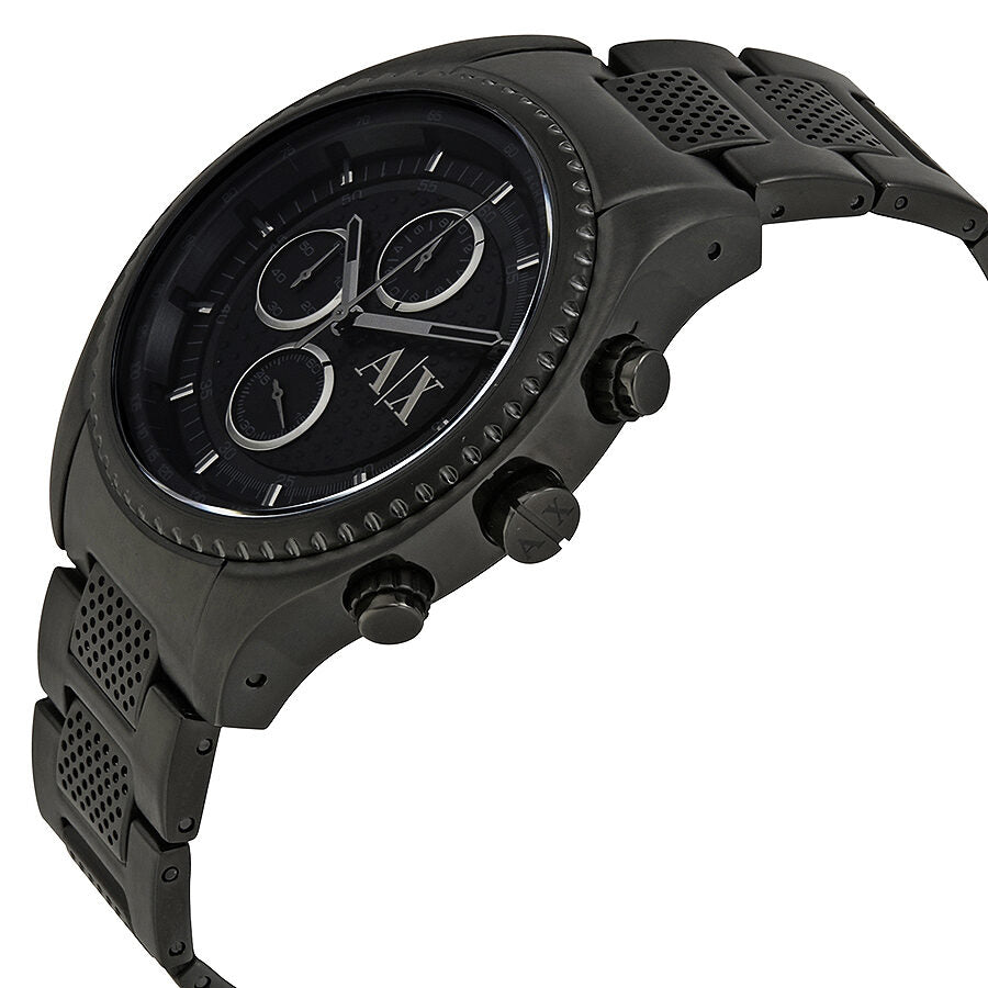 Side angle view of AX1605 chronograph watch showing case profile and textured black bracelet