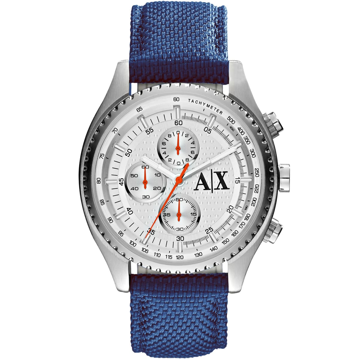 AX1609 quartz chronograph watch with white dial, orange accents, and blue fabric strap