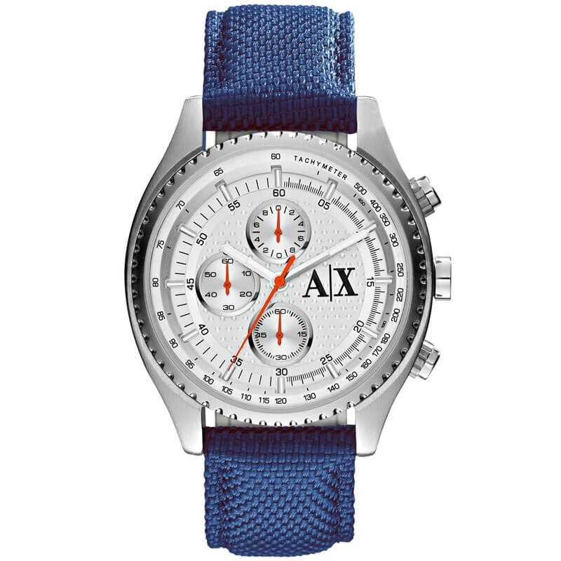 Armani Exchange AX1609 men's chronograph watch with silver dial and blue strap