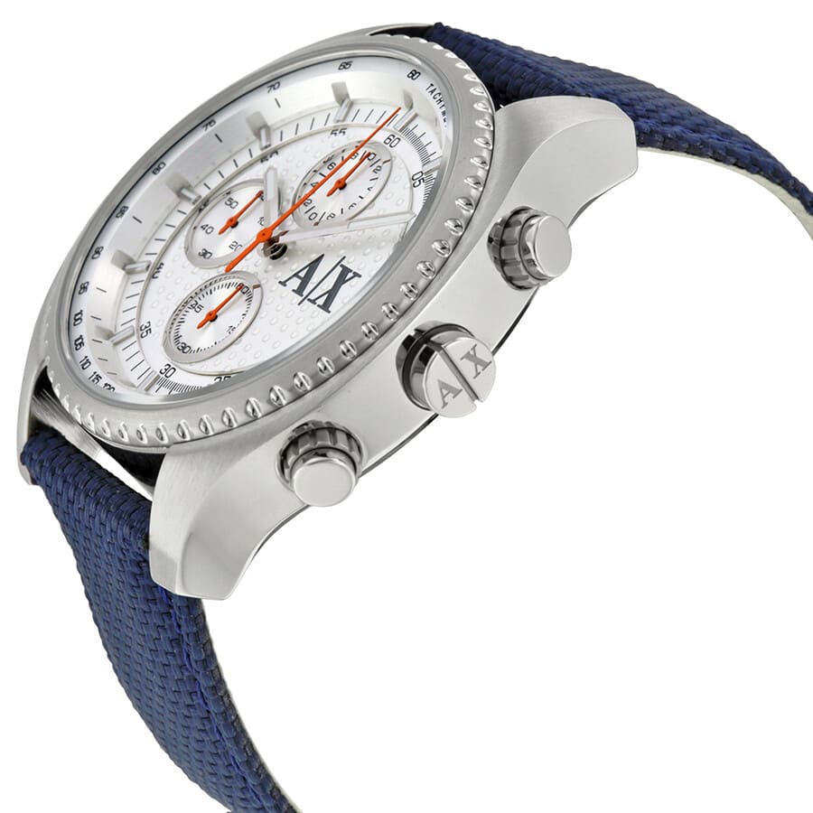 Side view of AX1609 watch displaying pushers and blue strap attachment