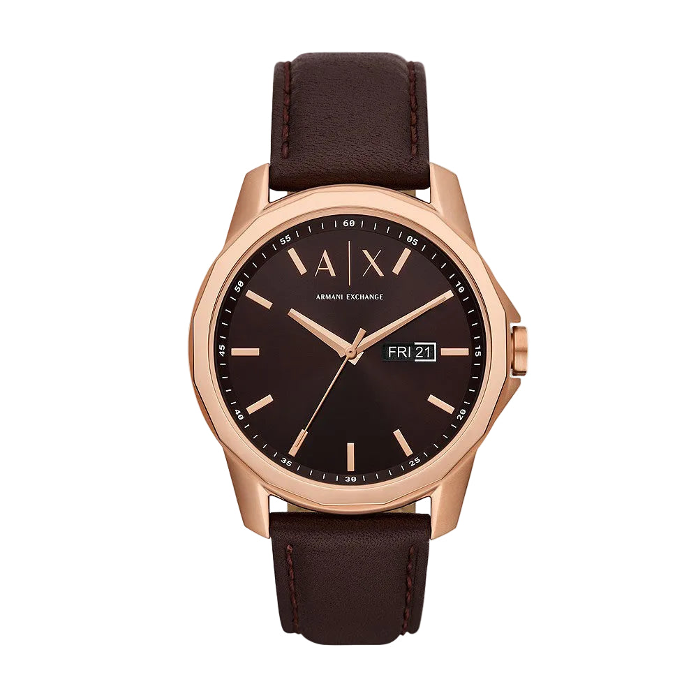 Armani Exchange Banks AX1740 three-hand watch with brown sunray dial and rose gold case