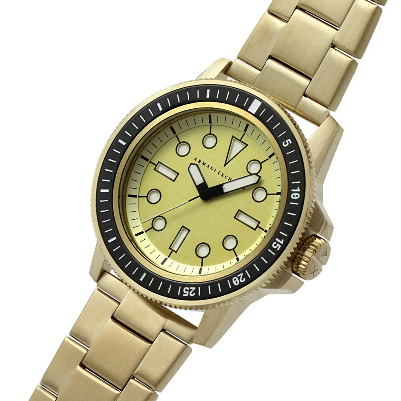 Armani Exchange Leonardo gold watch angled view showing bracelet and dial details