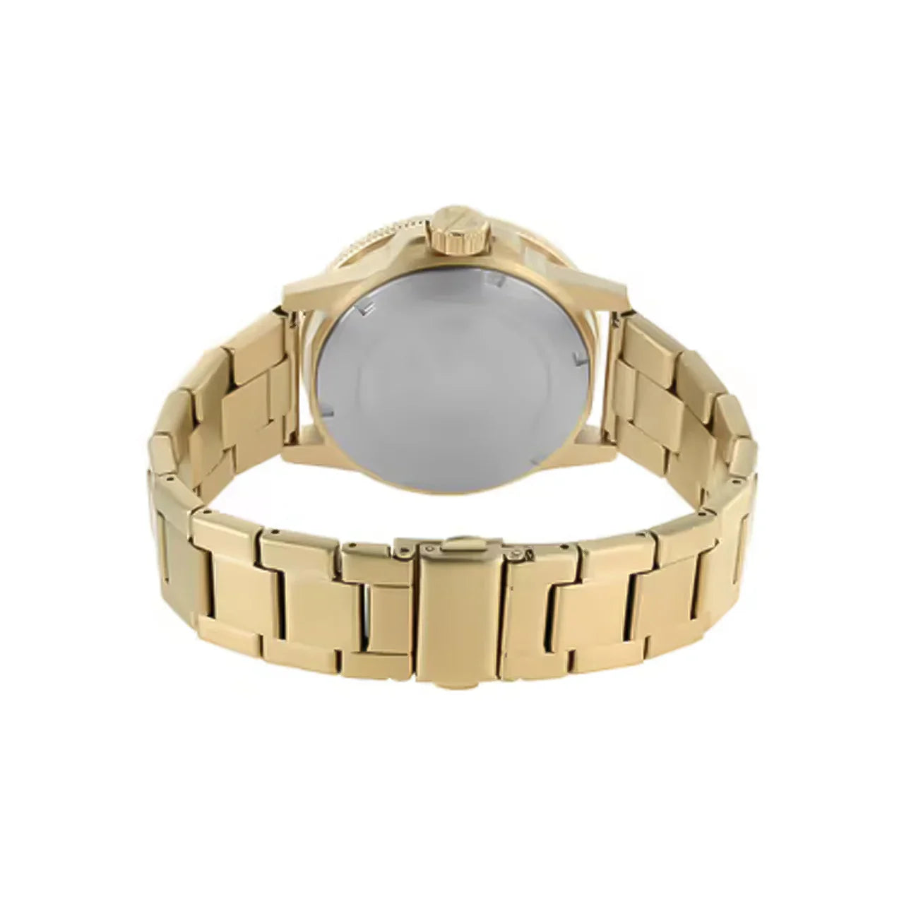 Armani Exchange Leonardo watch caseback view with gold-tone bracelet