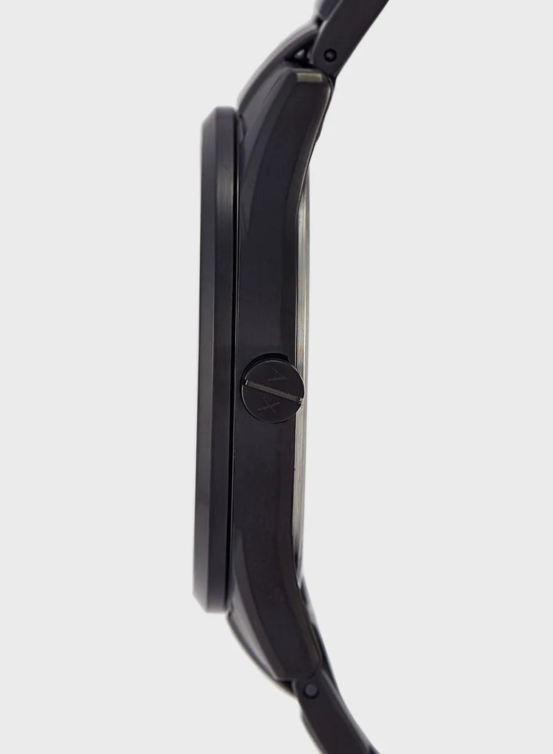 Side profile of Armani Exchange Dante all-black watch showing case depth and bracelet