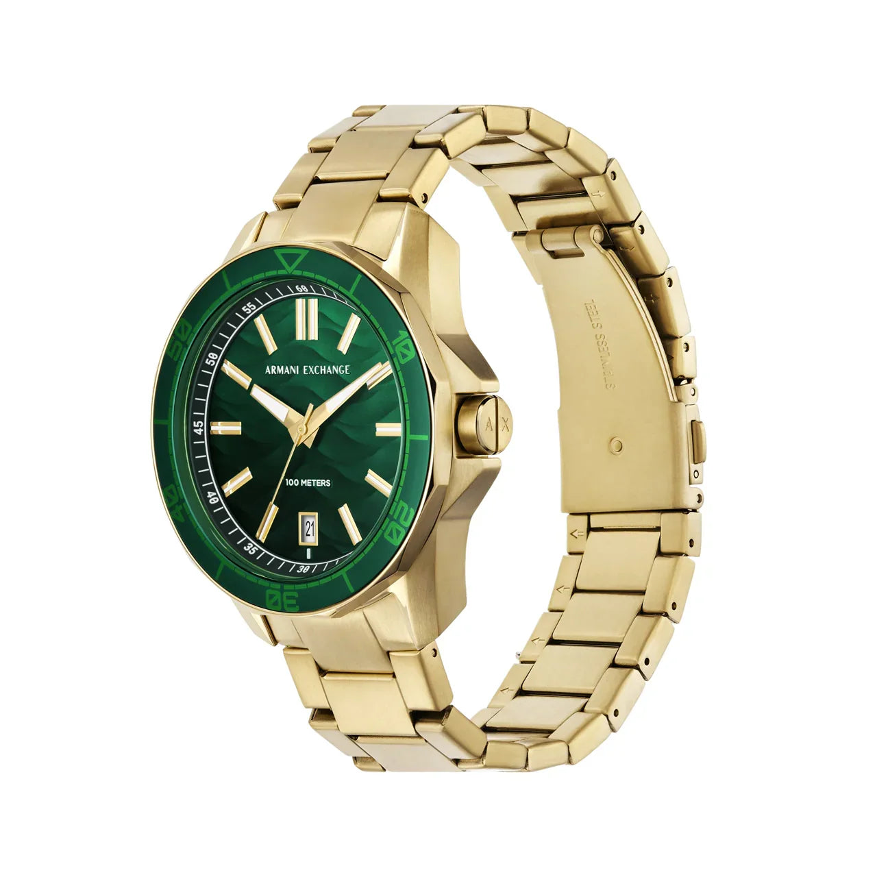 AX1951 gold stainless steel bracelet watch with green bezel angled view