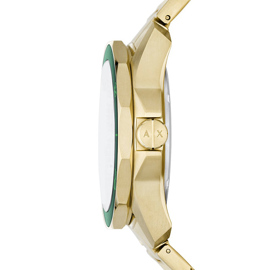 AX1951 side profile view showing green dial and gold bracelet