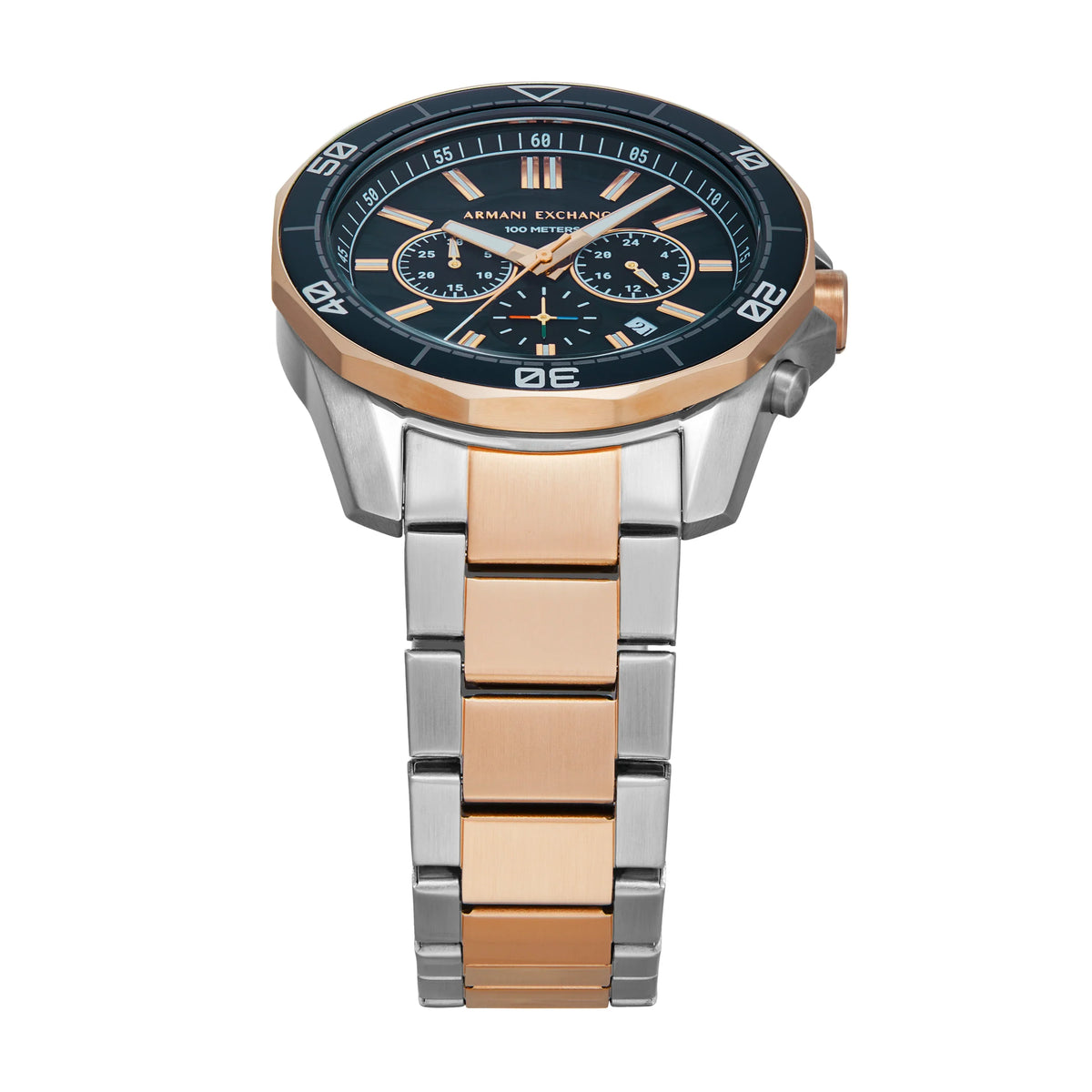 AX1965 chronograph watch with two-tone stainless steel bracelet and navy dial at angle