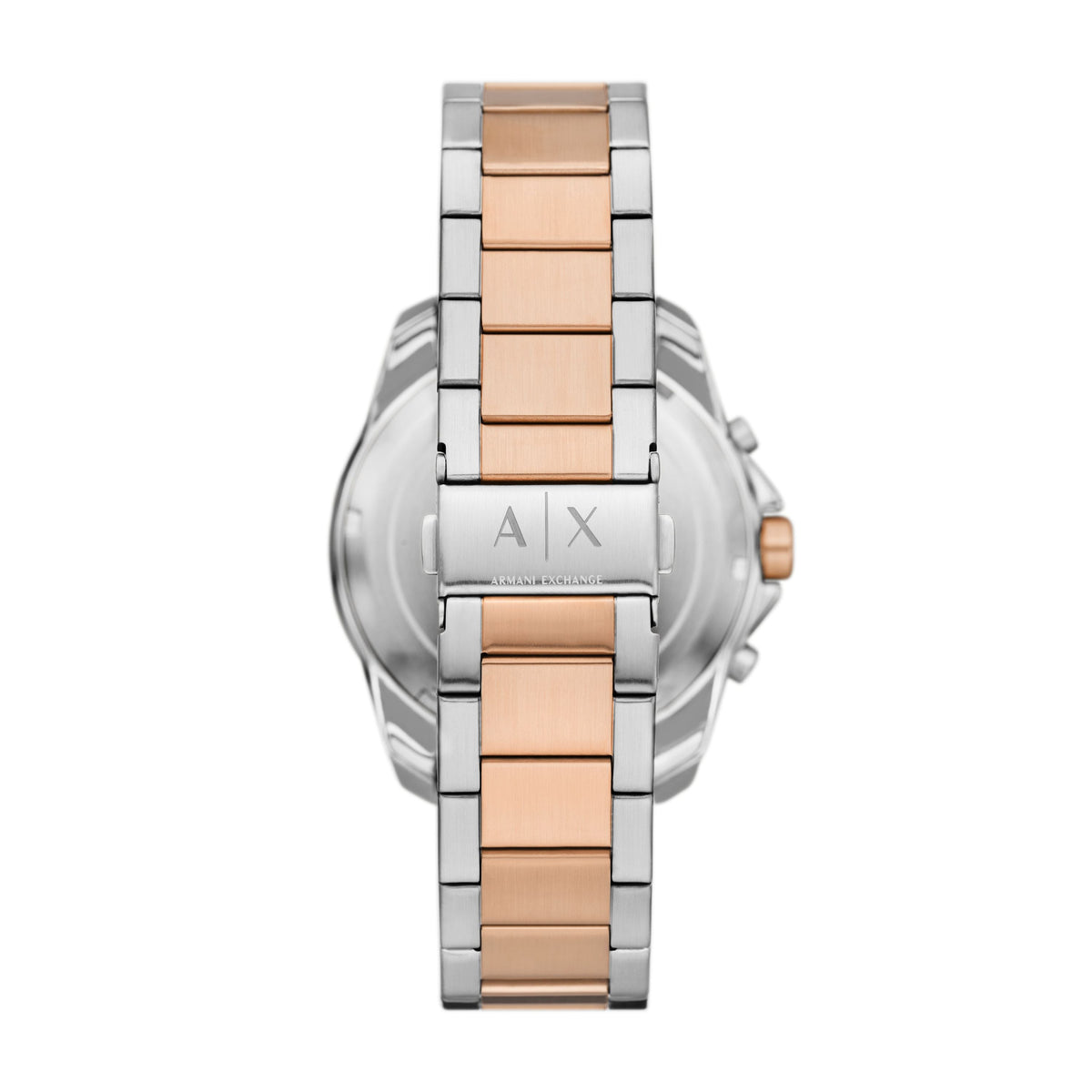 Caseback view of AX1965 watch showing two-tone stainless steel bracelet and Armani Exchange branding