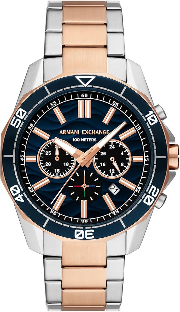 Armani Exchange AX1965 two-tone chronograph watch with navy blue dial and rose gold accents