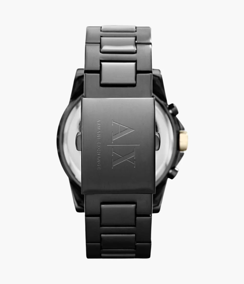 Armani Exchange AX2094 watch caseback showing black stainless steel with AX logo