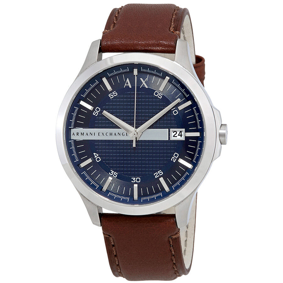 Armani Exchange AX2133 men's watch with navy dial, silver case, date window, and brown leather strap