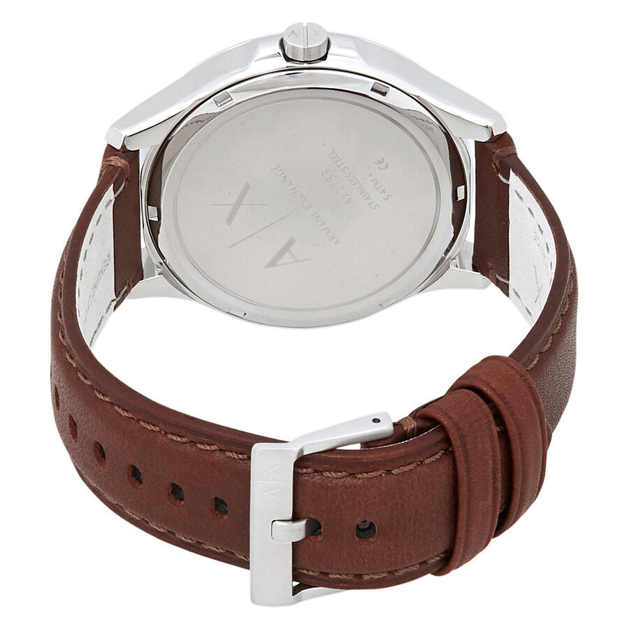 Armani Exchange AX2133 watch case back with brown leather strap visible
