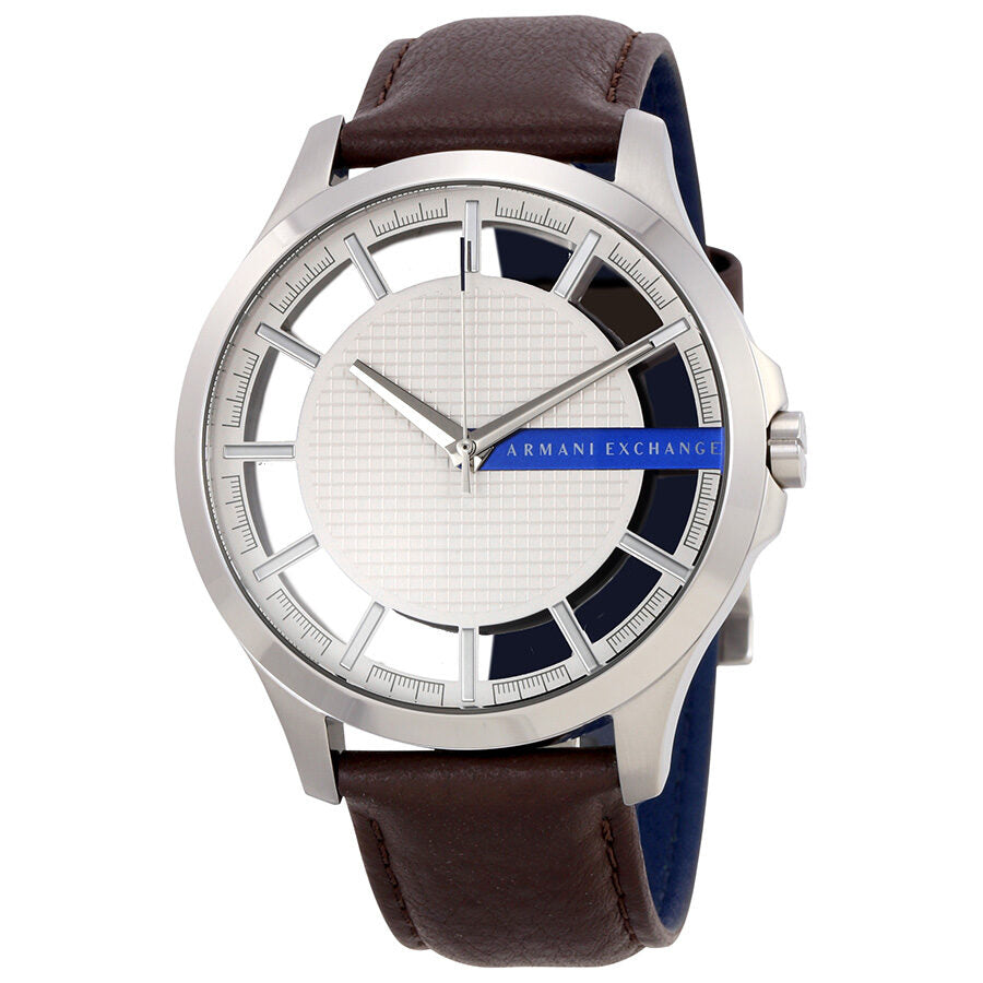 Armani Exchange AX2187 silver case watch with white dial and dark brown leather strap