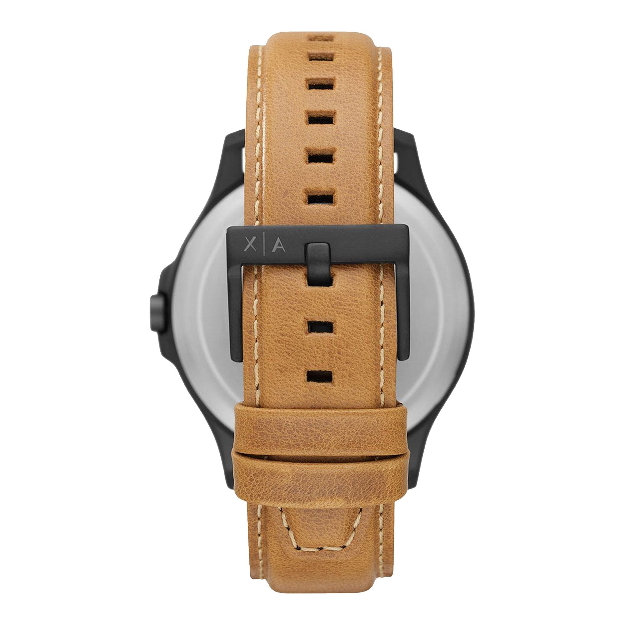 Armani Exchange AX2412 caseback view displaying tan leather strap with black buckle