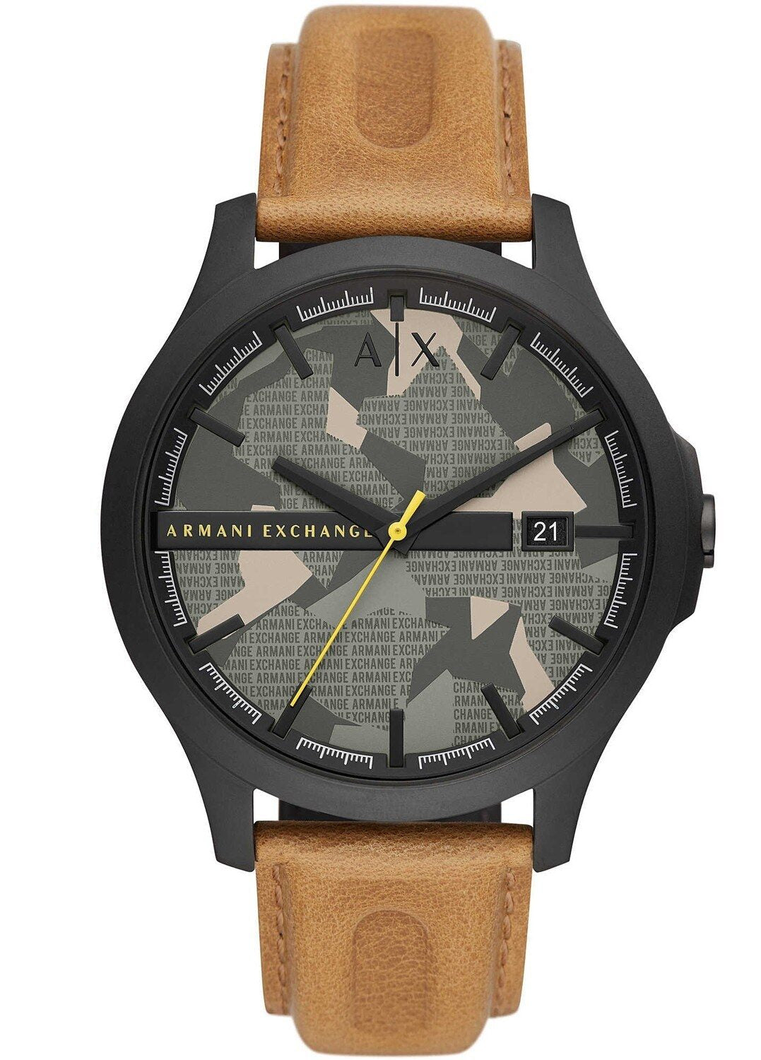 Armani Exchange AX2412 quartz men's watch with green dial, black case, and tan leather strap