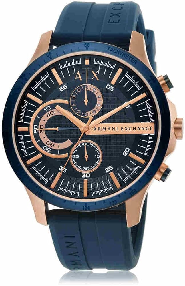 Armani Exchange Hampton chronograph watch with blue dial and rose gold case