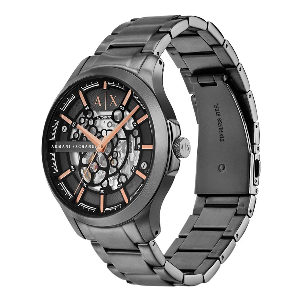 Side angle view of Armani Exchange AX2458 gunmetal stainless steel watch with skeleton dial