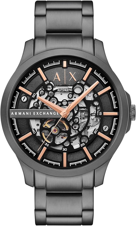 Armani Exchange AX2458 gunmetal automatic skeleton watch with black dial and rose gold hands