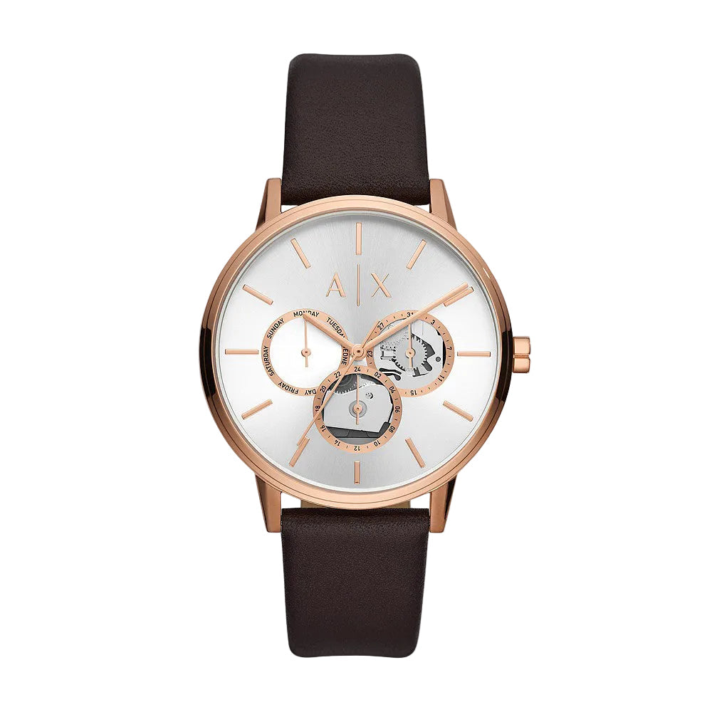 Armani Exchange AX2756 Cayde multifunction watch with rose gold case, white dial, and brown leather strap