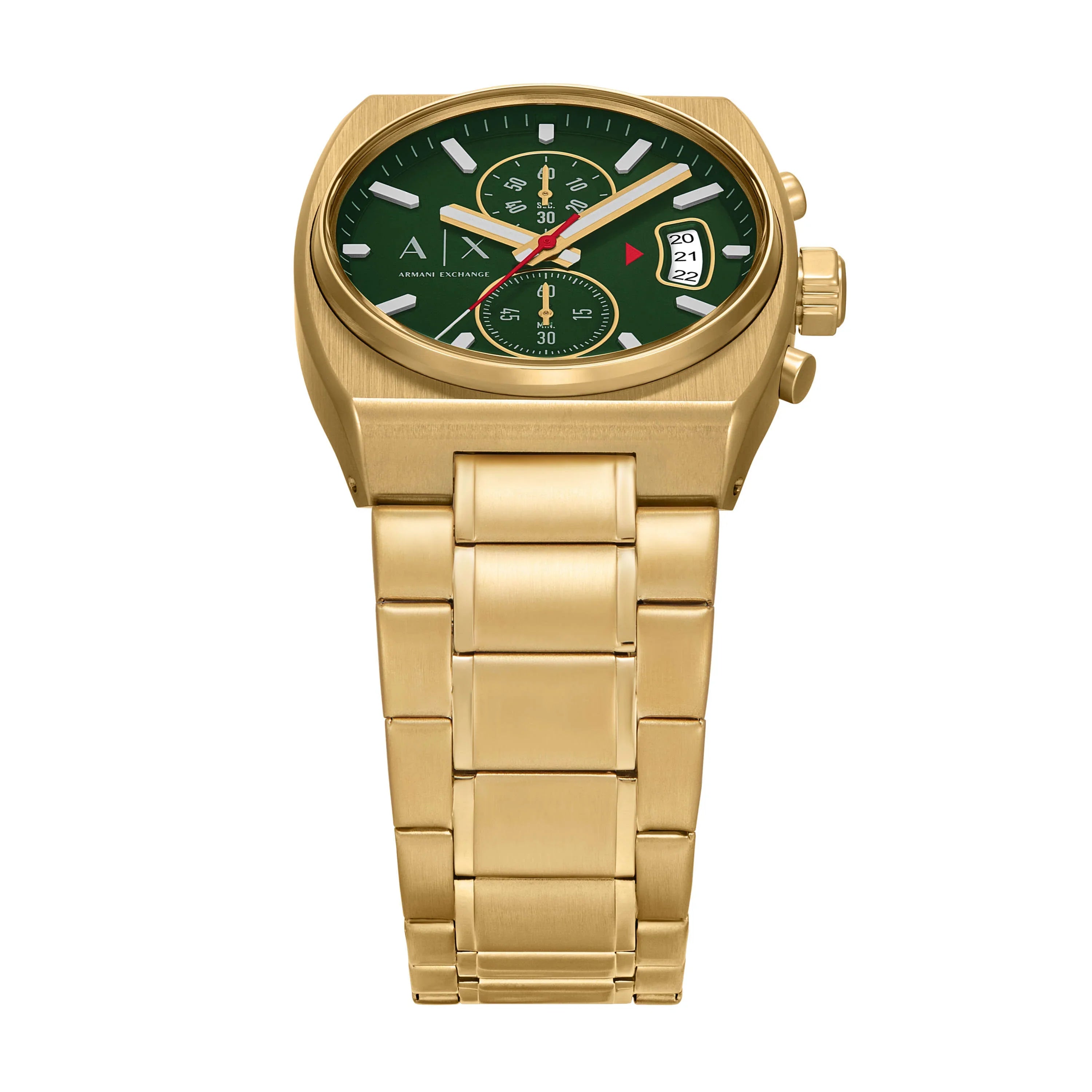 Armani Exchange AX2822 angled view showing green dial and gold bracelet