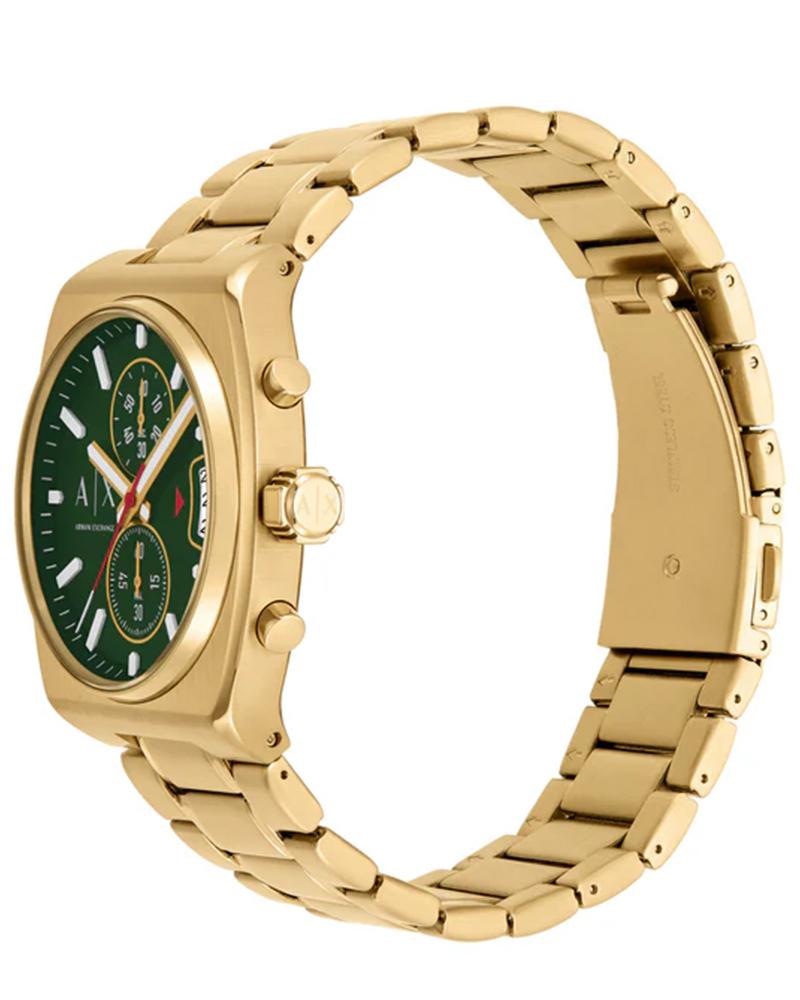 Armani Exchange AX2822 side profile showing gold-tone case and bracelet links