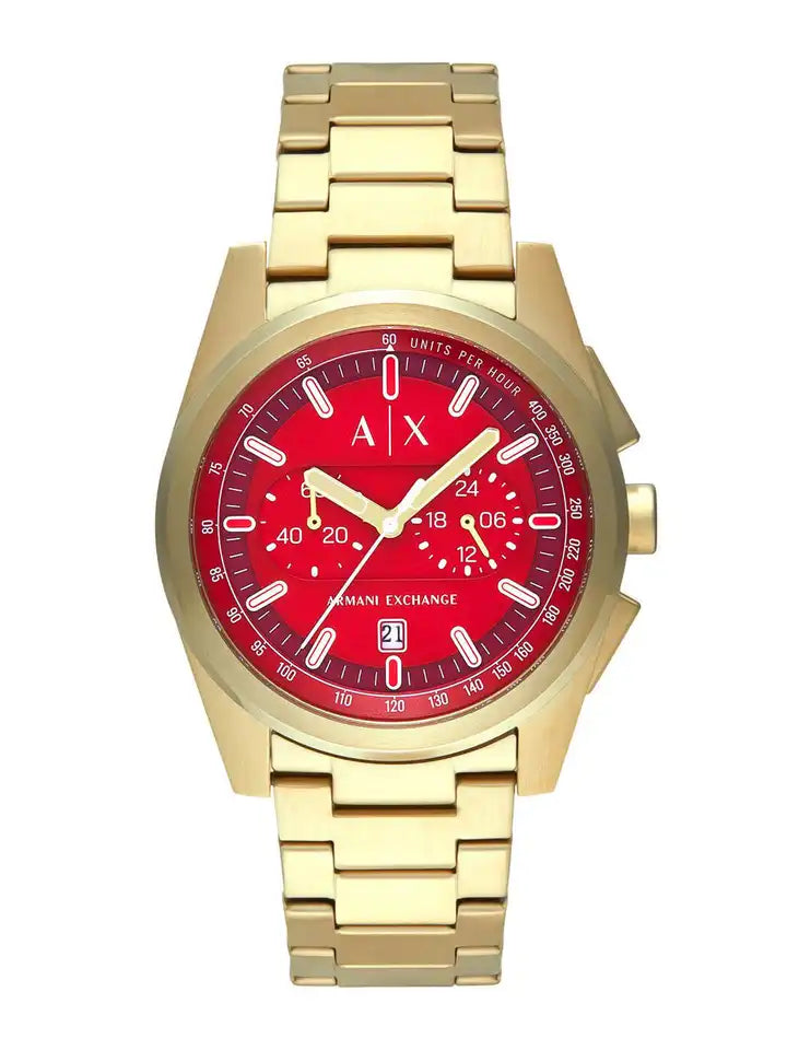Armani Exchange AX2863 chronograph watch with red dial and gold-tone case and bracelet