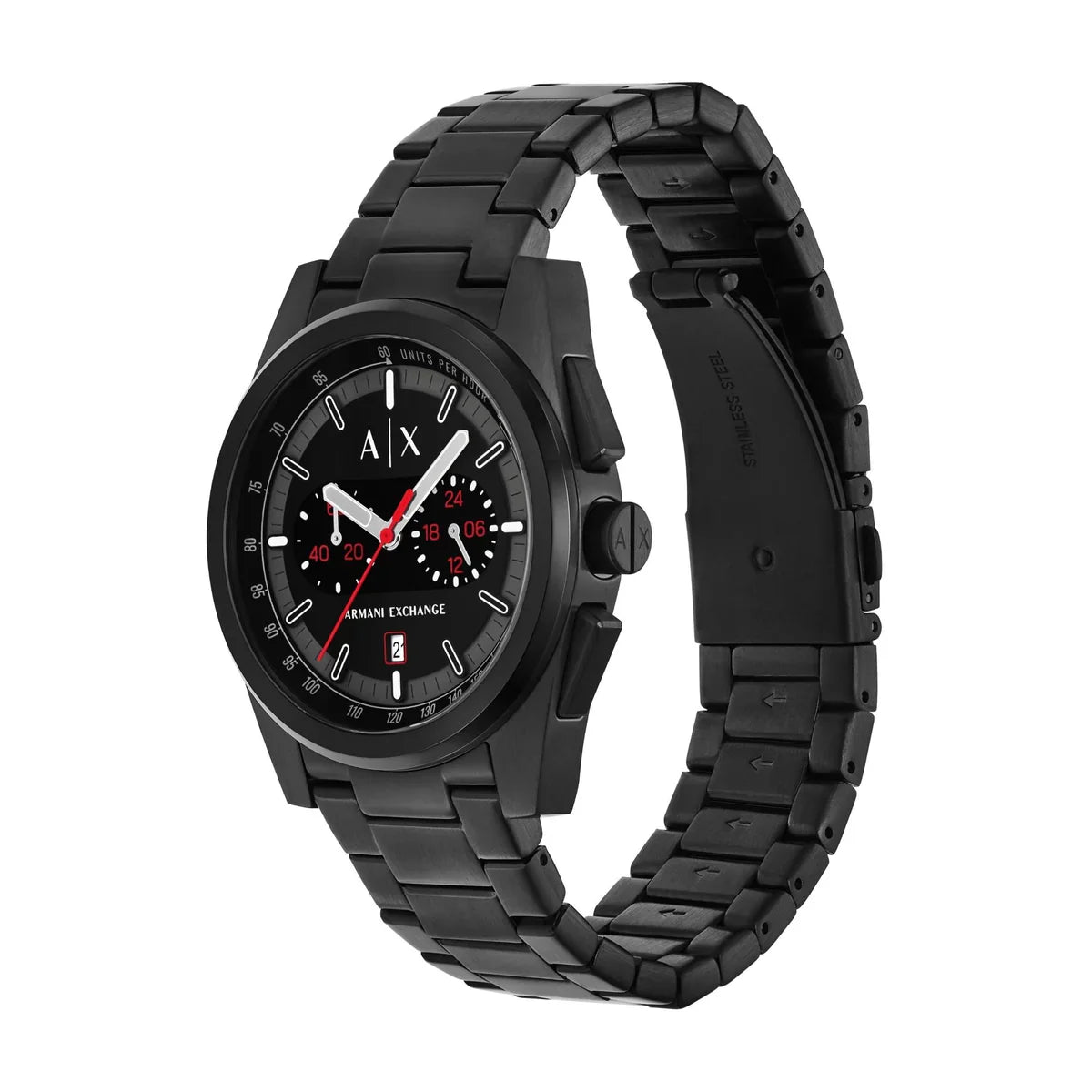 Side angle view of Armani Exchange Hampton AX2864 black stainless steel watch showing case profile and bracelet