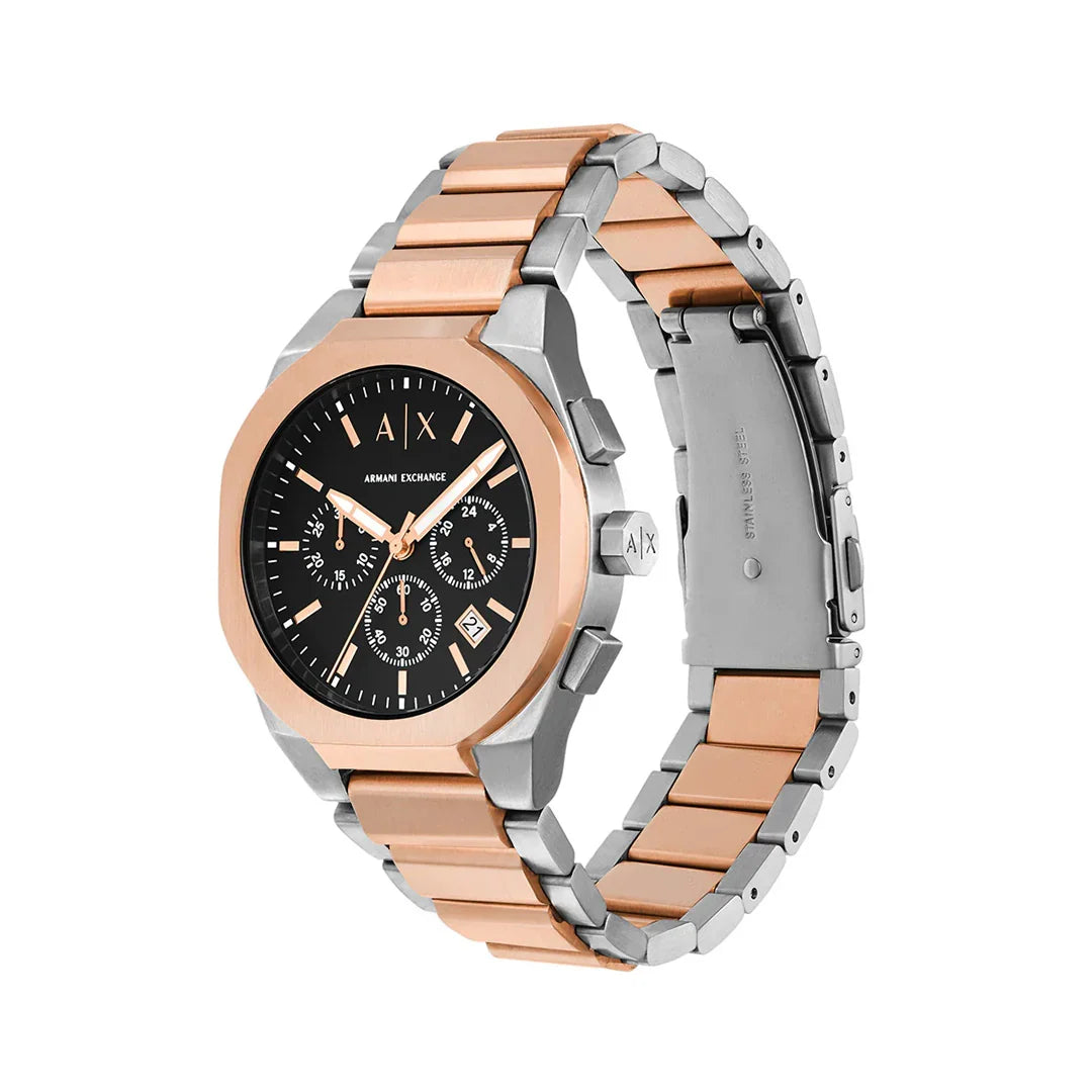 Armani Exchange AX4181 watch shown at angle displaying side profile and bracelet