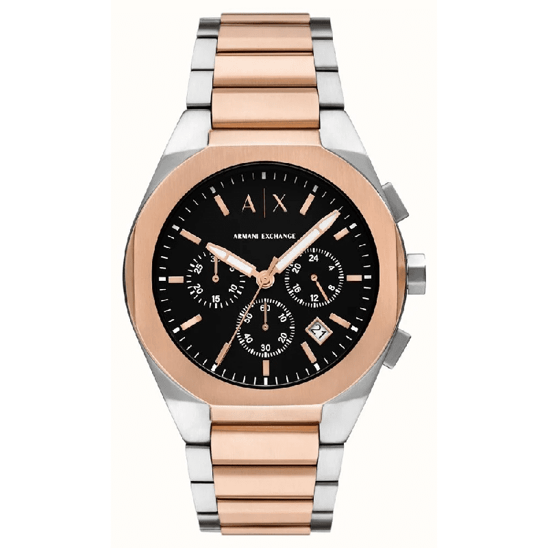 Armani Exchange AX4181 chronograph watch with black dial and rose gold and silver bracelet