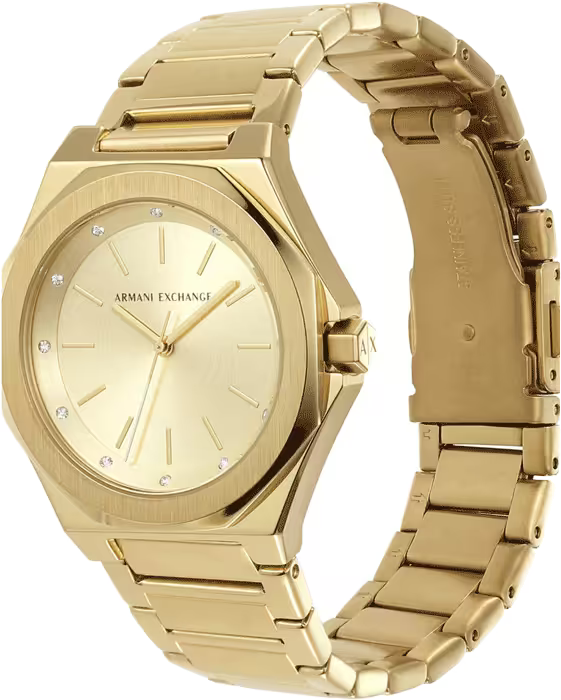 Side angle view of Armani Exchange AX4608 displaying case profile and full bracelet length