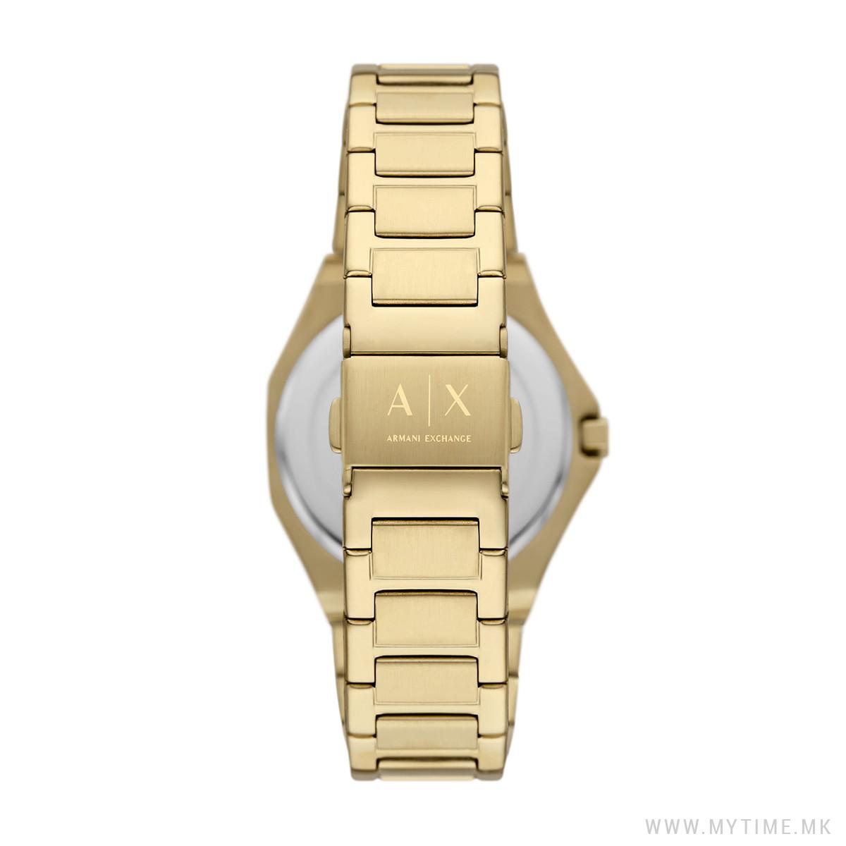 Caseback of Armani Exchange AX4608 showing gold link bracelet and AX logo engraving