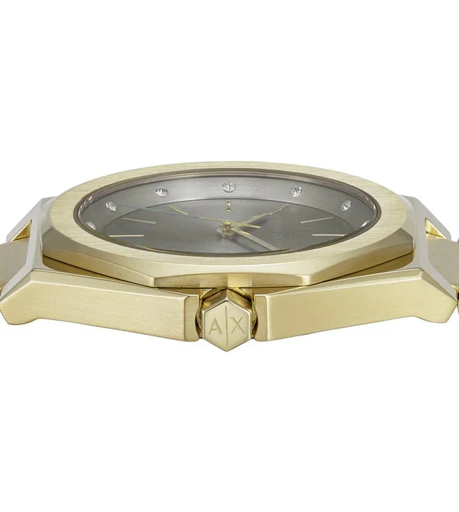 Close-up of AX4614 grey dial with hour markers and gold hands