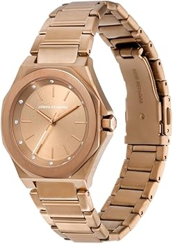 Side angle view of Armani Exchange AX4616 rose gold watch with link bracelet