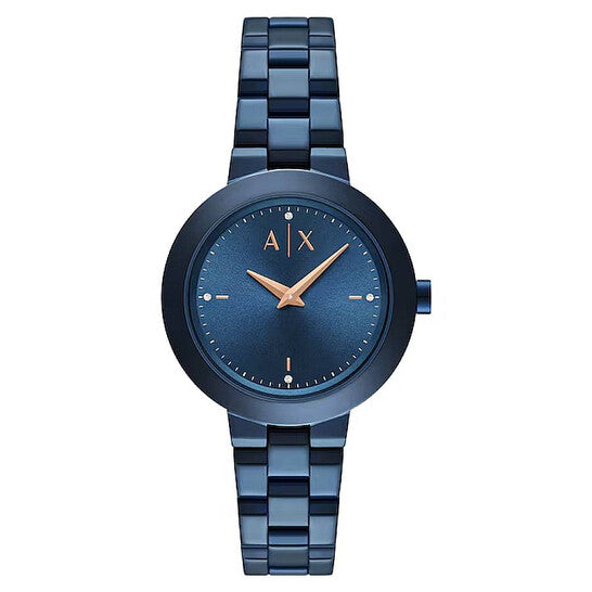 Armani Exchange AX5175 crystal blue analog women's watch with rose gold hands and blue steel bracelet