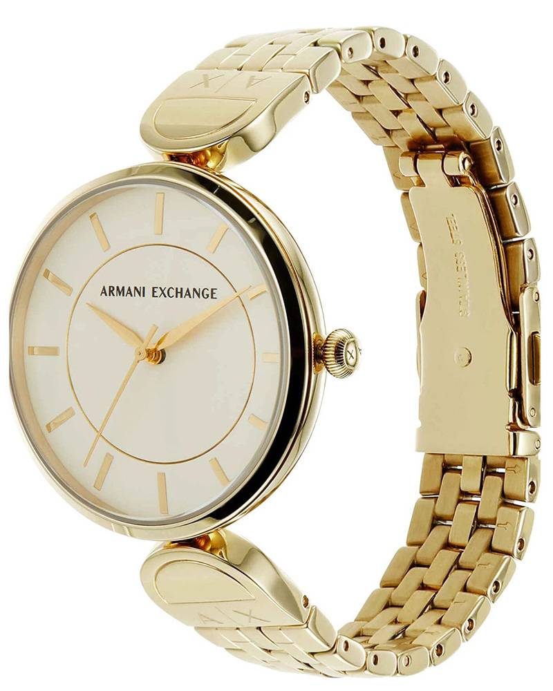 Armani Exchange BROOKE watch with gold bracelet shown at angle