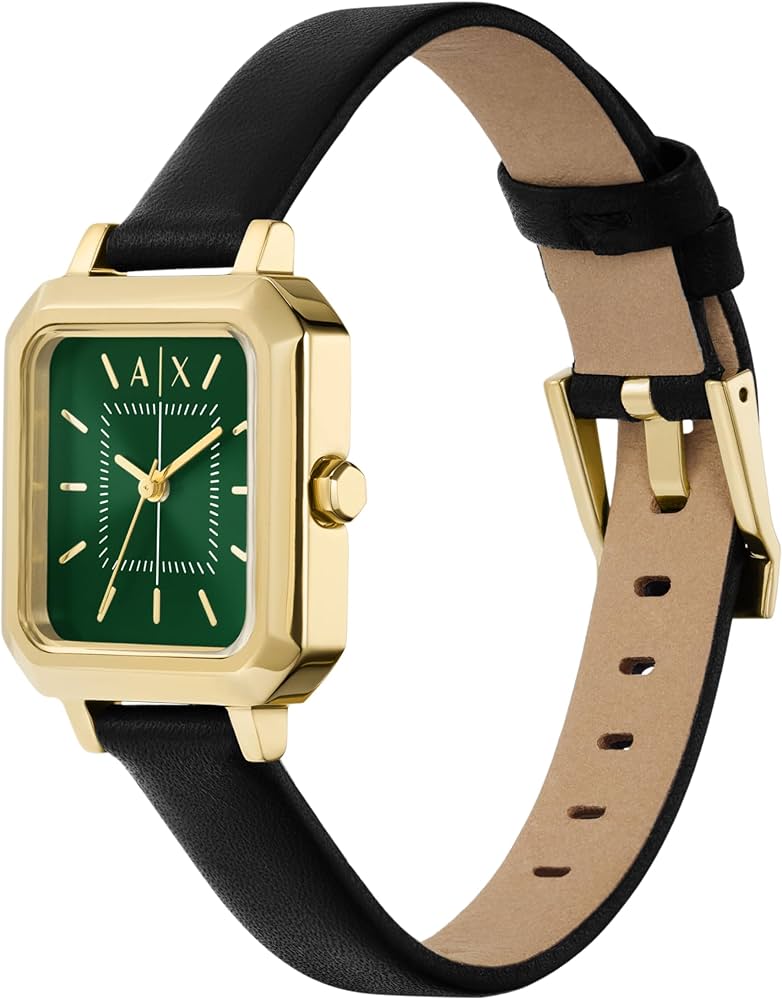 AX5723 three-hand watch showing gold square case and black leather strap side profile