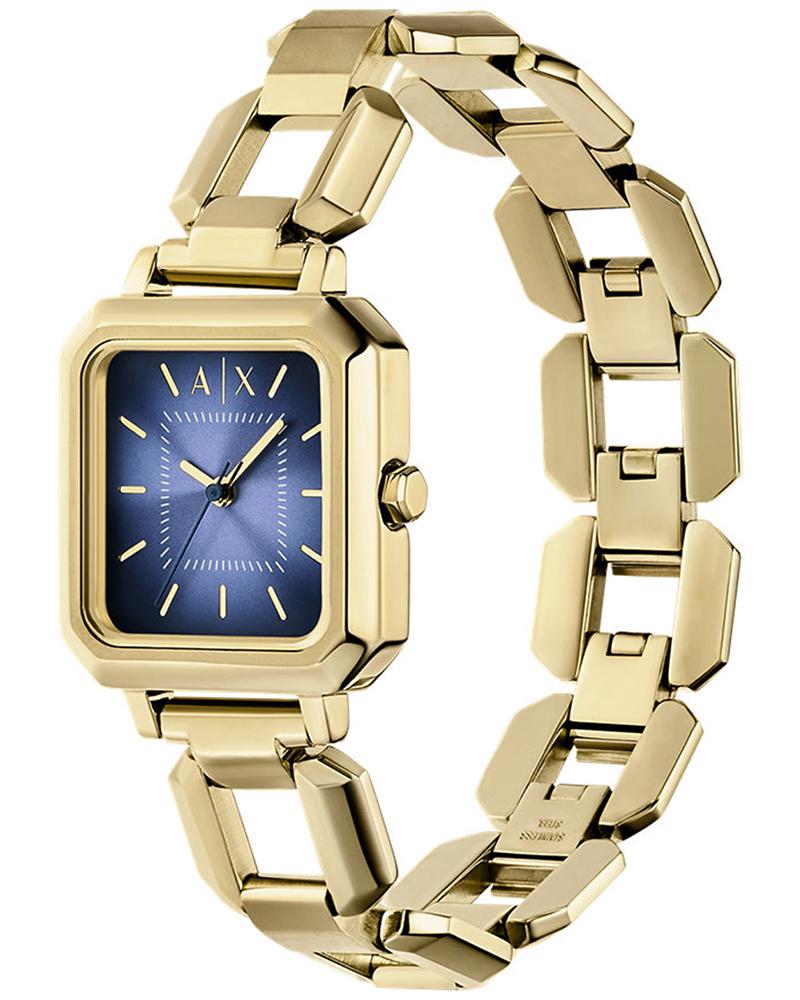AX5735 watch angled view showing gold-tone stainless steel bracelet and blue rectangular dial