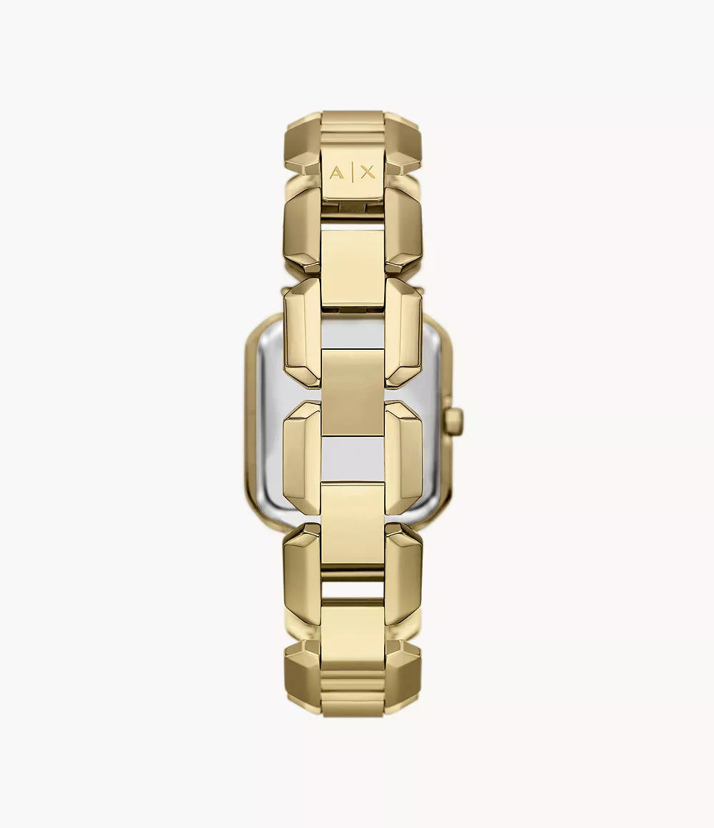 AX5735 watch caseback view with gold link bracelet detail