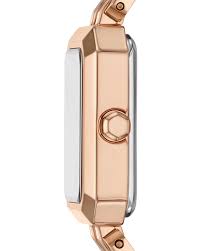 Side profile of Armani Exchange Faye AX5814 rose gold watch showing case thickness and design