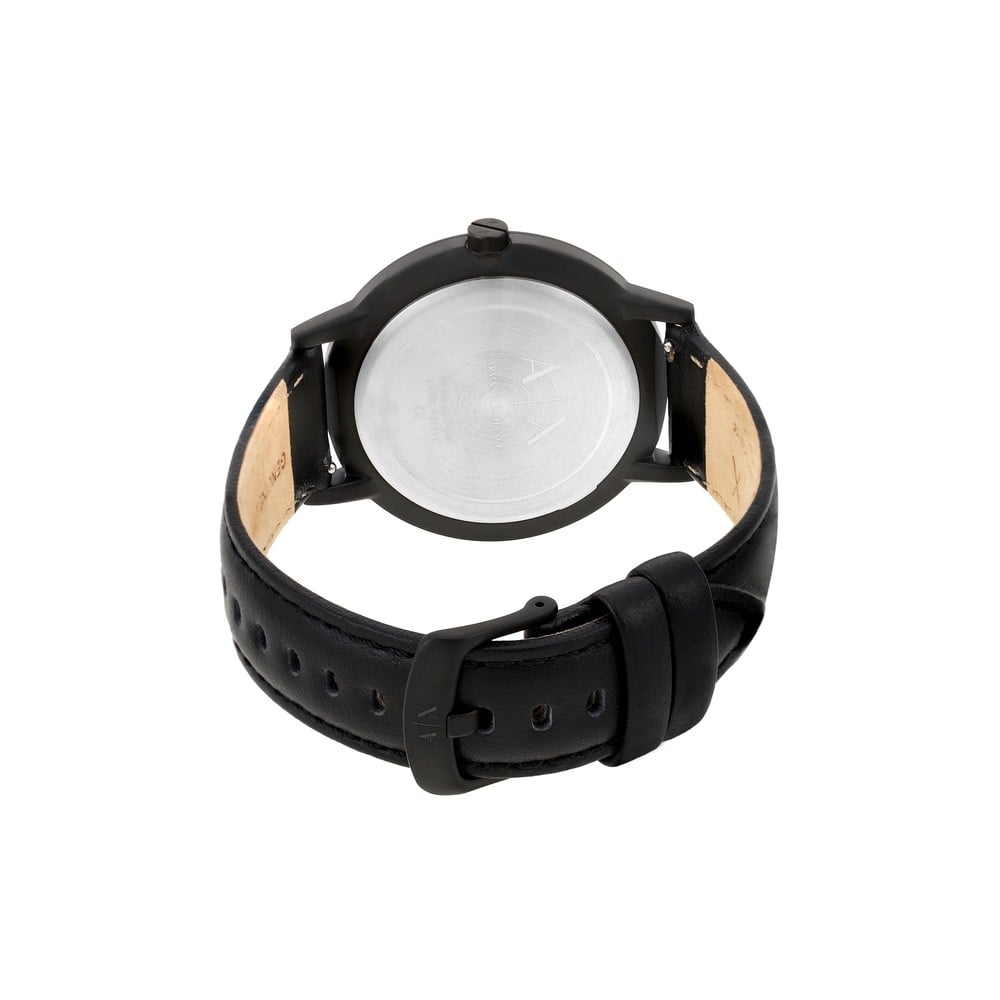 Case back view of Armani Exchange AX7120 watch with black leather strap