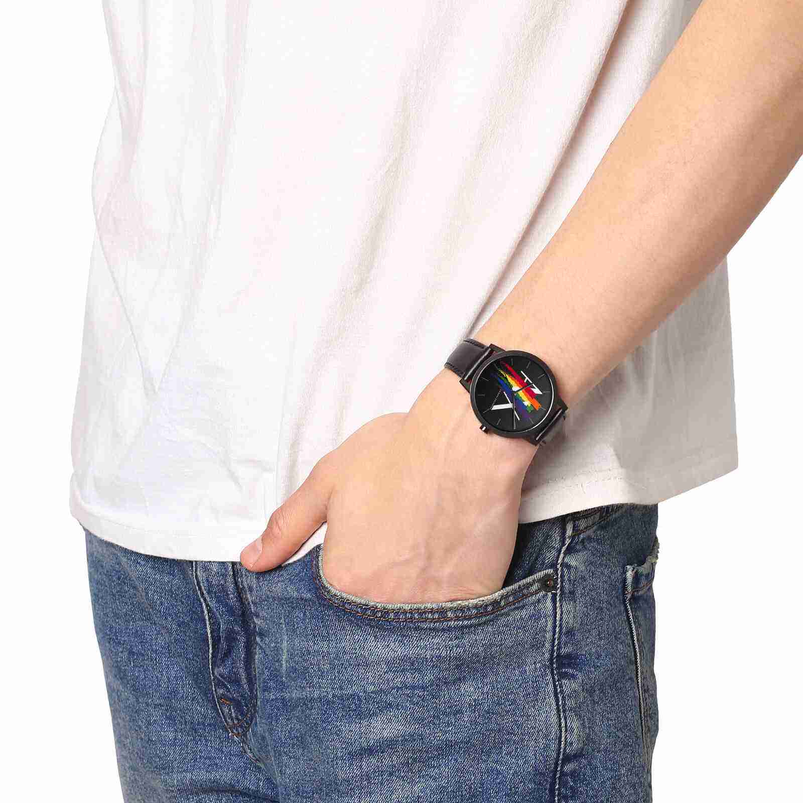 Armani Exchange AX7120 watch worn on wrist showing rainbow dial and black case