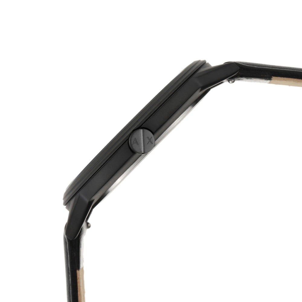 Side profile of Armani Exchange AX7120 showing black case and leather strap