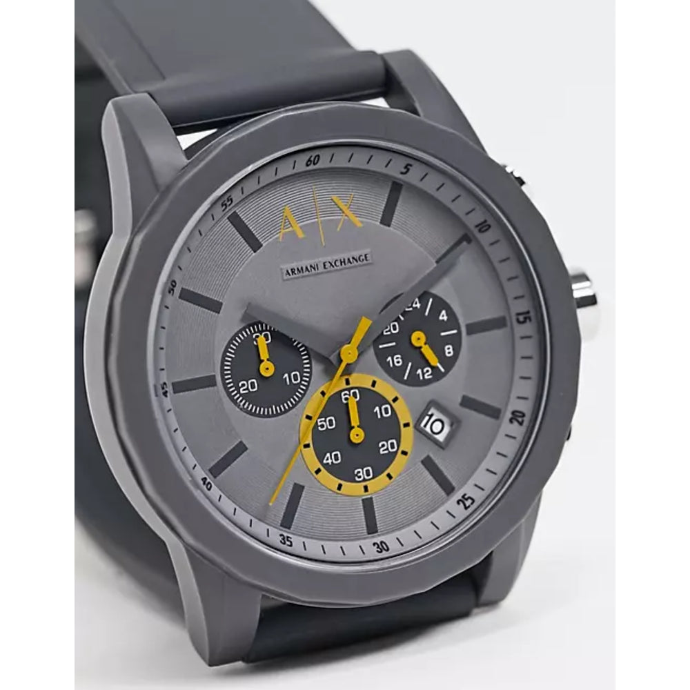 Armani Exchange AX7123 chronograph watch angled side view showing grey case and dial