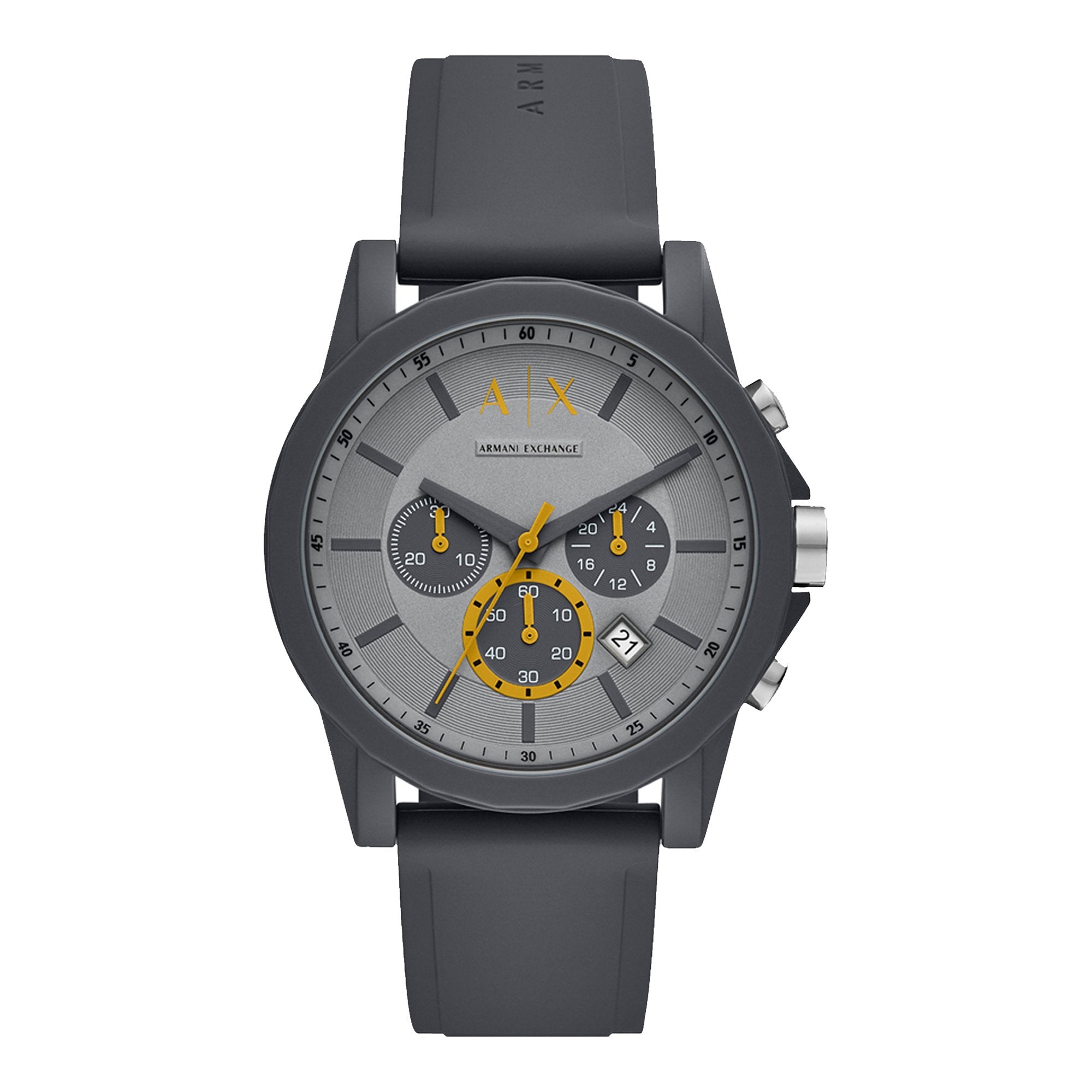 Armani Exchange AX7123 grey chronograph watch with yellow subdials on grey dial