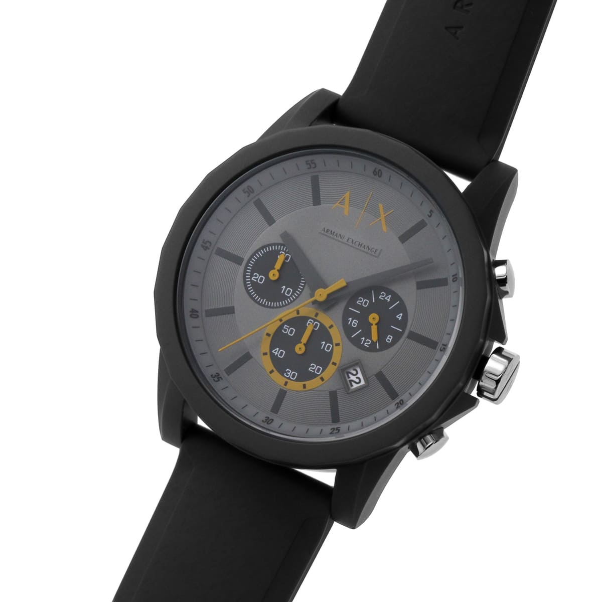 Armani Exchange AX7123 grey chronograph watch worn on wrist with black rubber strap