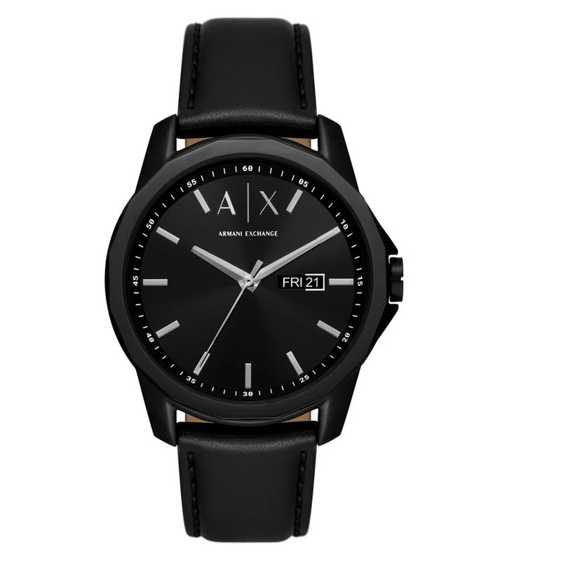 Armani Exchange AX7147 three hand black watch with day-date display and leather strap