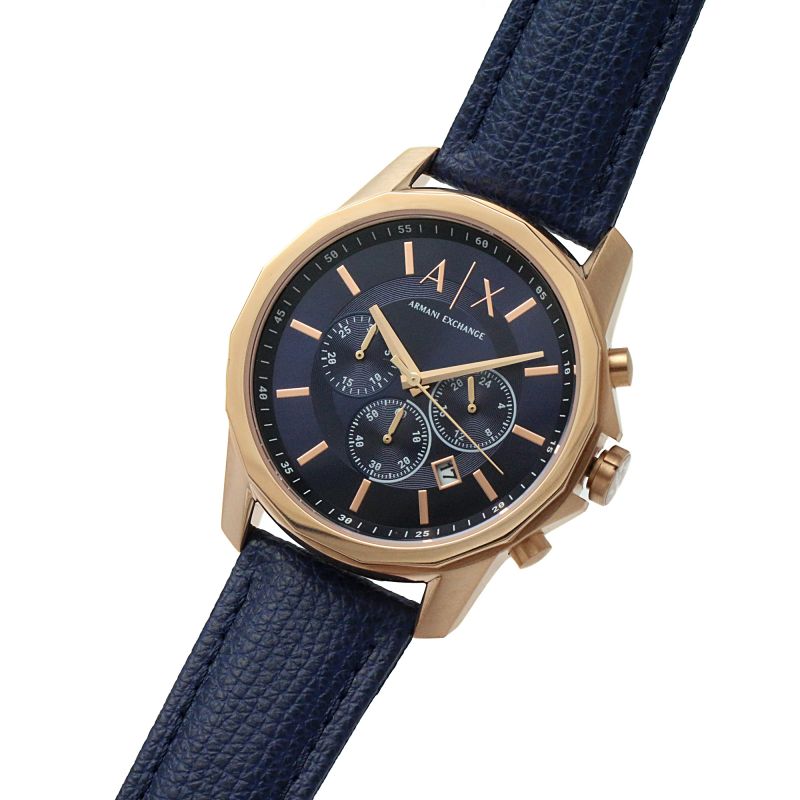 Armani Exchange Banks watch angled view showing chronograph subdials and rose gold case